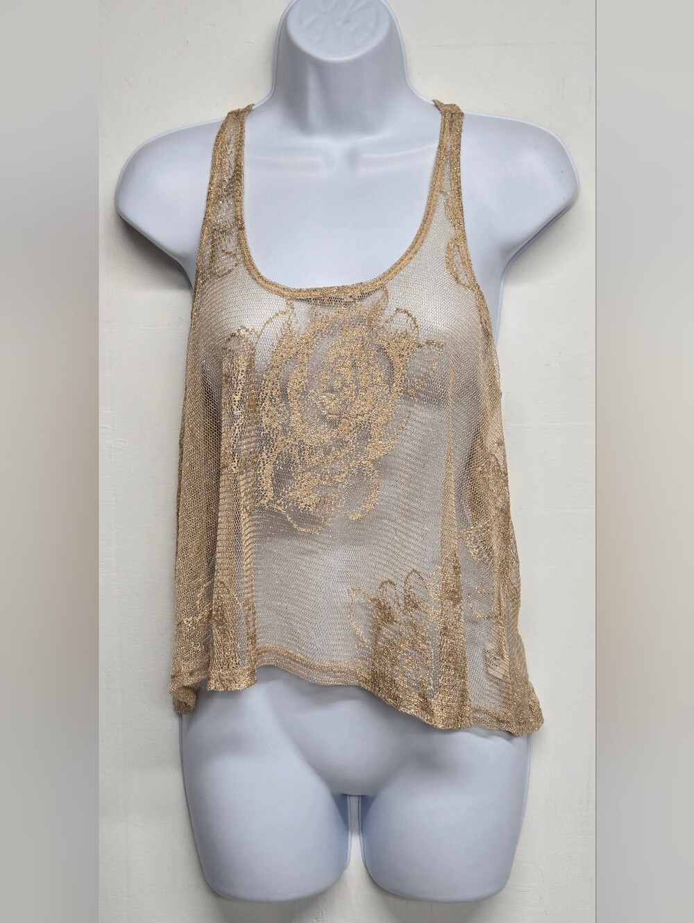 Crystal K Gold Metallic Sheer Lace Racerback Top Floral S
